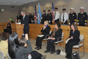 Residing Town Justice Douglas Kraus introducing Congresswoman Nita Lowey at last January’s Town Hall Swearing in ceremony. Photo by Carolyn Simpson / Doublevision Photographers