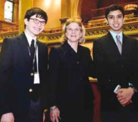Horace Greeley High School students Brandon Hilfer (left) and Dev Jhavieri (right) with Assemblywoman Mayer at the League’s Students Inside Albany Conference.