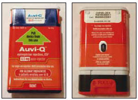 Auvi-Q epinephrine injection device, front and back