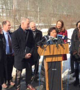 Both Congresswoman Nita Lowey and Congressman Sean Patrick Mahoney (to her left) arrived to address railroad crossing hazards. Town Supervisor Robert Greenstein challenged public officials to take action on improving safety in the wake of the tragedy.