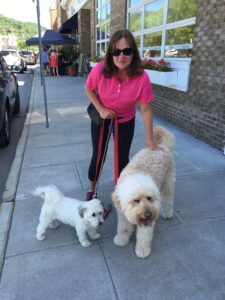 Everyone loves Chappaqua’s Sidewalk Sale Event, even havanese Harley (L) and goldendoodle Casey, here out for a shopping stroll with Mom, Ellen Fiorella.