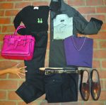 Alex’s Look (L-R): Reed Krakoff Bag from Couture Dossier; Marika rings and Legi Emerald Earrings from ICD Contemporary Jewelry; Allude cashmere sweater and Repeat leather leggings from Family Britches. Trent’s Family Britches Look (L-R): Top coat, button down, and cashmere sweater by Zegna, Martin Ding- man belt, Incotex pants, and Allen Edmonds shoes.
