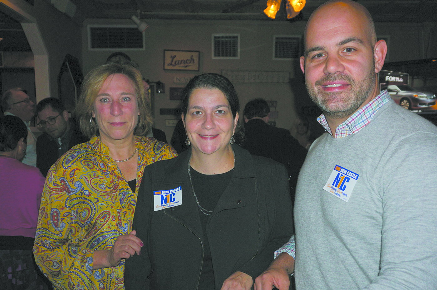 At a fundraiser inside the Quaker Hill Tavern: One New Castle candidates (from left) Hala Makowska, Victoria Alzapiedi and Jeremy M. Saland
