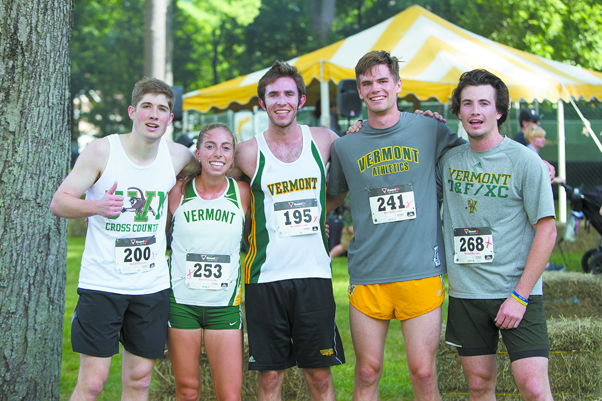 Jamie’s UVM teammates, left to right: Philip Vernimb, Women’s Division winner Sydney Durand, Men’s Division winner Aaron Szotka, Maurie Clark and Tucker Nixon.