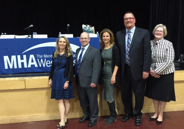 L-R: MHA’s Head of Personal Development, Education and Training Dr. Barbara Bernstein; MHA Board Member Sean Mayer; Educator Shari Applebaum; Byram Hills High School Principal Chris Borsari; and Reverend Frances Wise Grenley of Scarsdale Congregational Church