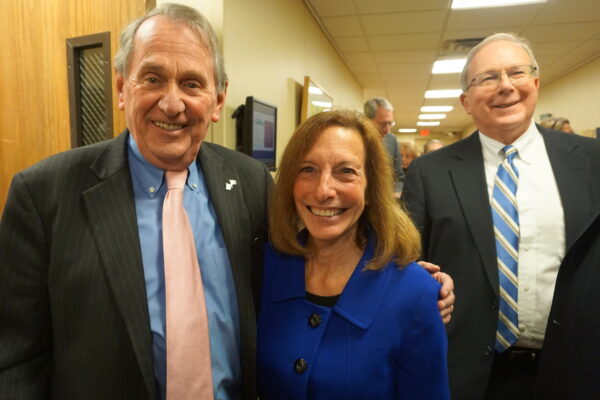 Lewisboro Town Superintendant Peter Parsons with Susan Spear, regional director for Senator Gillibrand. On the right: George Oros, chief of staff for the County Executive office.