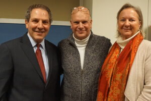 Joel Seligman with Eric Rosenfeld and Sally Rosenfeld. Seligman related the story of how Eric's mom, the late Louise Rosenfeld of Chappaqua, had suffered from a burn injury while Louise and her husband Gabby, `were abroad. She was pregnant with Eric and physicians at a hospital in Holland advised terminating the pregnancy to heal with the burn treatments. She refused, went home and received treatment in New York while continuing to battle the burn injury; eventually Eric was born at Northern Westchester Hospital where he and Louise received optimal care. Eric is now a member of the Hospital Foundation's board.