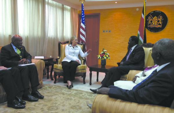 Secretary Hillary Clinton in conference in Kenya during a 2012 State Department mission.