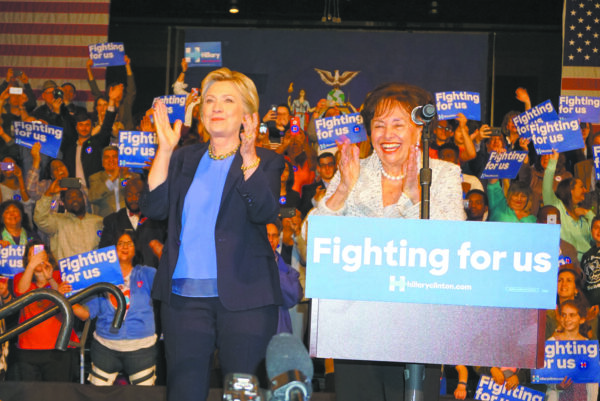 Congresswoman Nita Lowey on the podium with HRC rallying supporters