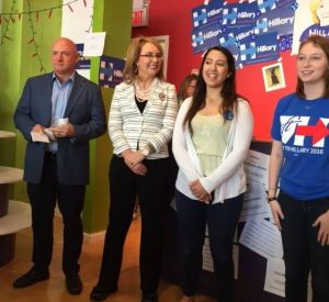 (Former) Congresswoman Gabby Giffords with Captain Mark Kelly and Westchester field directors Izzy Bugatti (left) and Hannah Fine at the White Plains Westchester for Hillary headquarters Photo by Jessica Meller