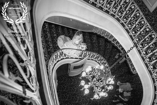 Tarrytown House Wedding, Bride Awaiting e First Look With Her Groom, on the stairs of Biddle Mansion. Wedaward, February, 2016