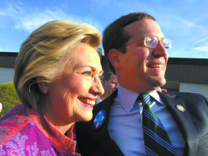 At the Gra in School on New York Primary Day: David Buchwald with Hillary Clinton. Ann Styles Brochstein/Hillary NOW Photo