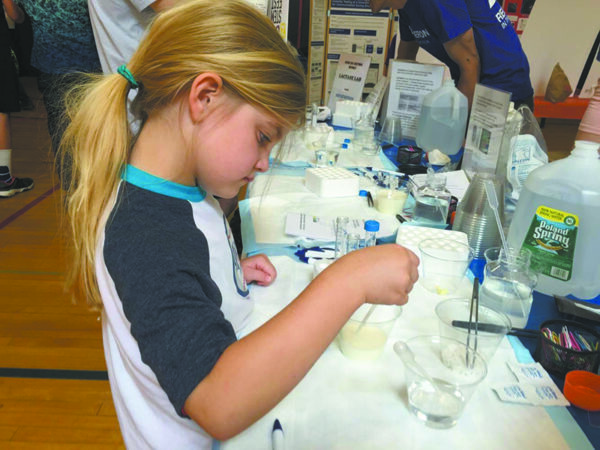 At the Regeneron Exhibit, student Nicole Weyne made and measured glucose (using a glucose test strip) for milk by adding the enzyme lactase. About 200 kids stopped by the hands-on exhibit run by Regeneron volunteers, who are also New Castle residents. Lori Gowen Morton Photo.