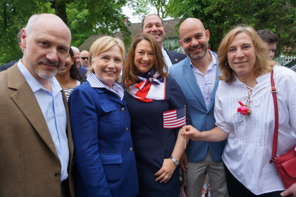 Hillary Clinton with (L-R) Town Supervisor Robert Greenstein and Town Board Members Lisa Spivak Katz, Adam Brodsky, Jeremy Saland and Hala Makowska